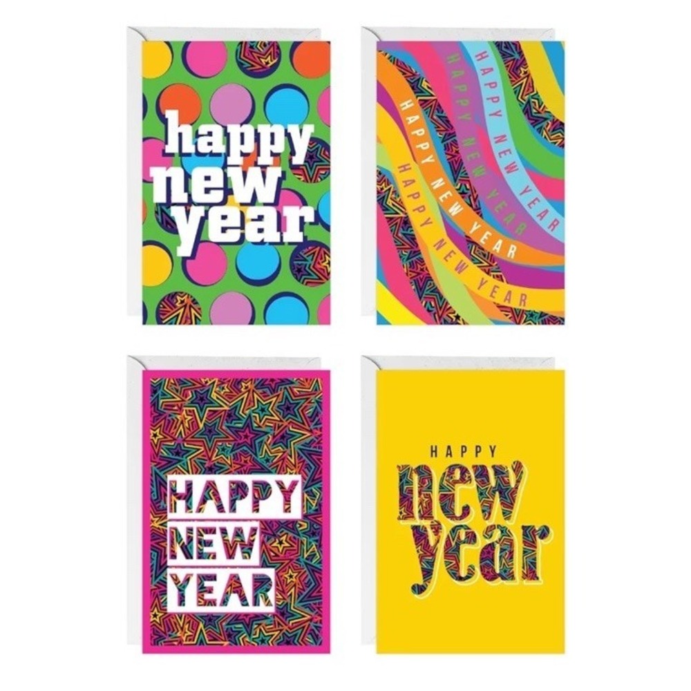 Happy New Year Cards Boxed Set 16 with Envelopes, Gold Seal Stickers 6.75"x 4.5"